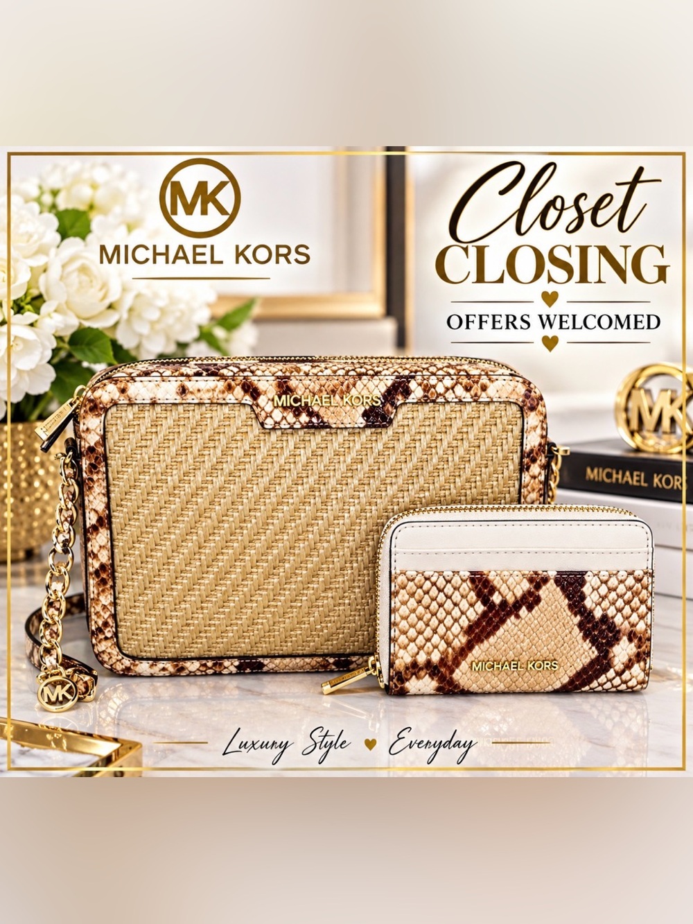 Michael Kors STRAW PYTHON Xbody/JET SET TRAVEL ZA Card Case 2pc Set